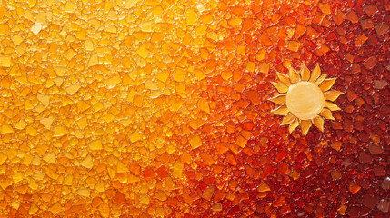 Vibrant textured solar granules in warm reds and yellows create stunning visual effect, evoking feelings of warmth and energy. sun motif adds cheerful touch