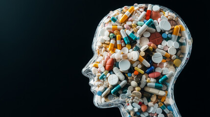 Transparent human head silhouette filled with various colorful pills and capsules, symbolizing health, medication, and complexity of human mind