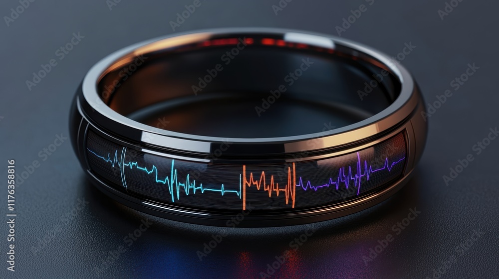 Poster concept of tracking innovation in healthcare technology. a sleek, black wearable device featuring an