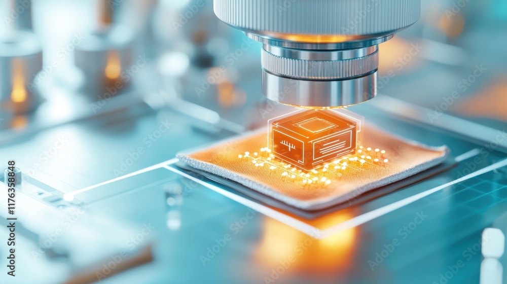 Poster concept of tracking innovation in healthcare technology. a close-up view of a microchip being examin