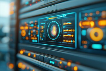 Concept of tracking innovation in healthcare technology. A close-up view of a digital interface on a server, showcasing vibrant colors and data visualization elements