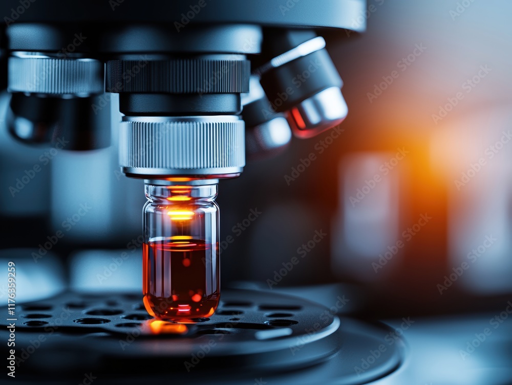 Poster concept of tracking innovation in healthcare technology. a microscope focuses on a small vial, revea