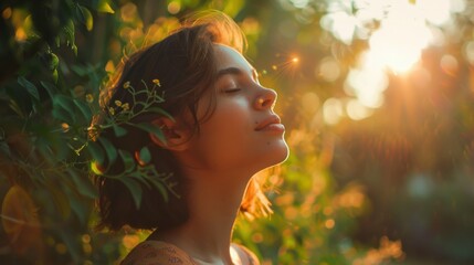 Serene Young Woman Enjoying Nature's Beauty with Soft Sunlight in the Background Surrounded by Lush Greenery and Delicate Blooms, Evoking Calmness and Peacefulness