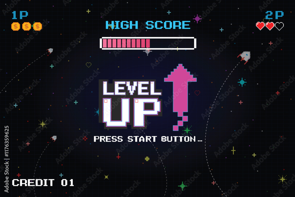Fototapete level up icon pixel art. 8 bit game. retro game. retro futurism sci-fi background. glowing neon grid
