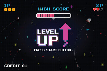 LEVEL UP icon pixel art. 8 bit game. retro game. Retro Futurism Sci-Fi Background. glowing neon grid. and stars from vintage arcade computer games