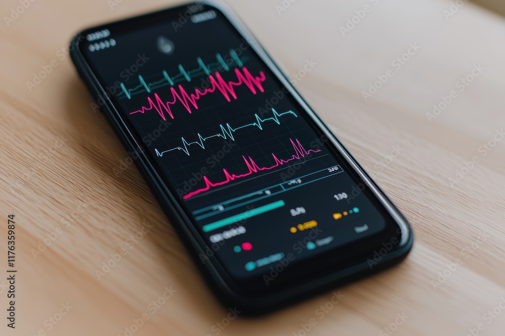 Poster concept of tracking innovation in healthcare technology. a smartphone displaying a heart rate monito