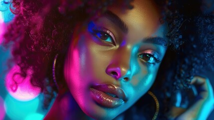 Obraz premium Stunning Portrait of a Young Woman with Curly Hair Bathed in Colorful Neon Lights, Capturing the Beauty and Radiance of Youthful Expressions and Elegance