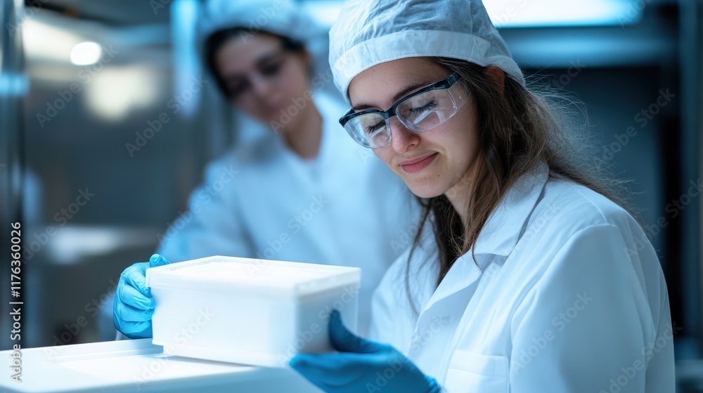 Poster laboratory technicians working in a cleanroom environment with specialized gear handling a white con