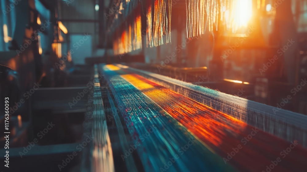 Poster vibrant threads of color in textile factory with warm sunset glow illuminating the workspace and cre