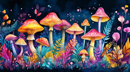 Fototapeta premium Magic mushrooms, psychedelic hallucination, vibrant illustration geometric patterns, mushrooms in neon light background pattern for design.