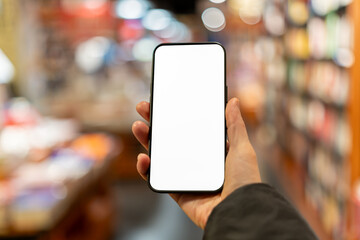Hand Holding a Blank Smartphone in a Cozy Bookstore Setting