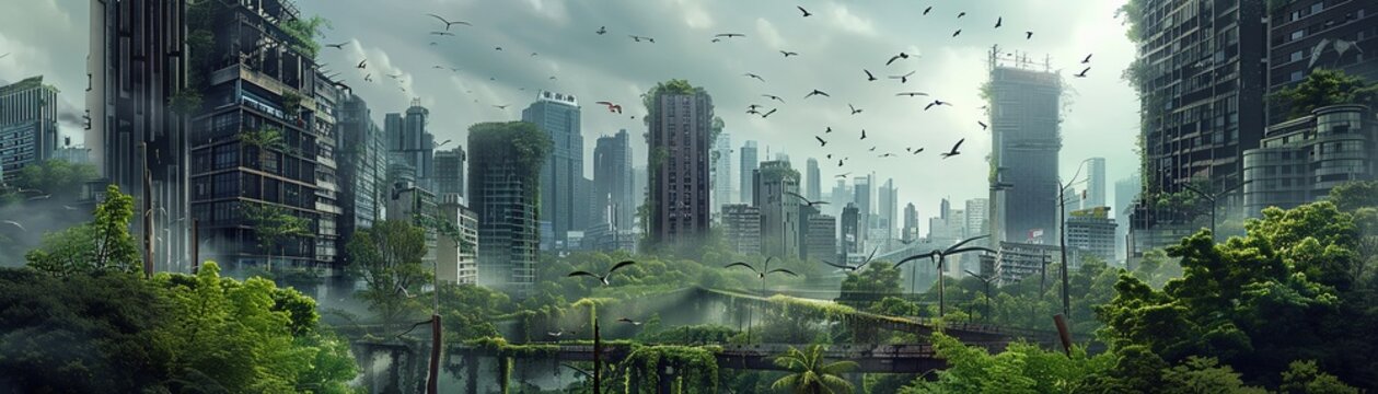 A post-apocalyptic world where nature has reclaimed a city