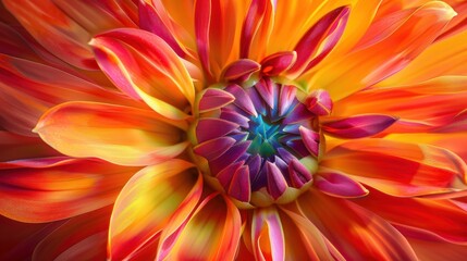 Vibrant Close-Up of a Colorful Flower Petals in Shades of Red, Orange, Purple, and Blue Capturing Nature's Beauty and Intricate Patterns in Full Bloom