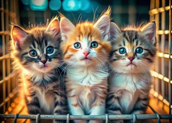 Three Adorable Kittens in a Shelter Cage Awaiting Adoption