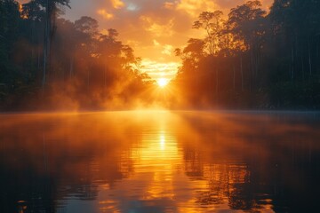 Naklejka premium Golden sunrise over misty jungle river.