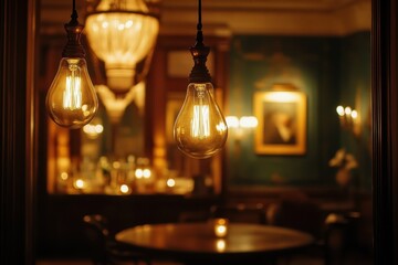 Two vintage Edison bulbs hang in a dimly lit room. Perfect for concepts of ambiance, nostalgia, or classic design.