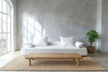 Minimalist, a modern Scandinavian interior design of a living room with windows visible and light grey finished walls and white sofas. Generative AI
