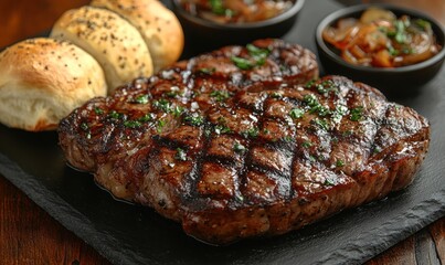 Grilled steak, rolls, and sautÃ©ed vegetables.