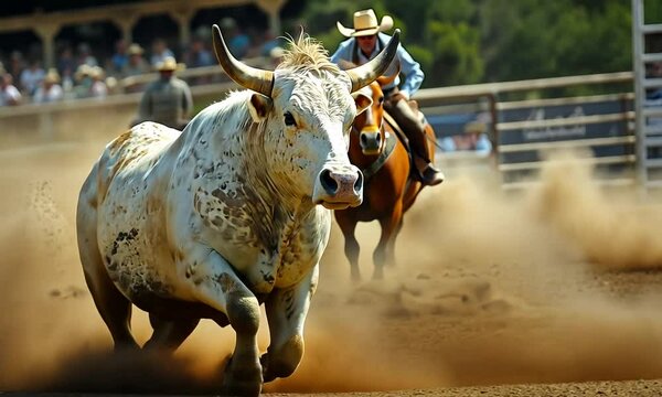 A bull charges while a cowboy rides a horse in a rodeo scene.