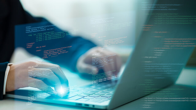 Programmer working on javascript computer code with virtual screen. Programming code technology. Software apps developer and IT revolution.Digital software development.