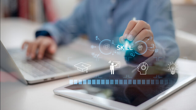 Up skill and personal development concept. employee upskill or reskill, kill training, education, learning, ability, knowledge, and competency for digital transformation.