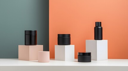 Eye-Catching Store Display Featuring Premium Containers on Minimalist Backgrounds