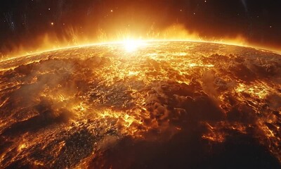 A fiery sunrise over a molten landscape, depicting a celestial scene. - Powered by Adobe