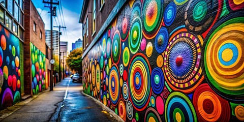 Obraz premium Tilt-Shift Colorful Urban Mural: Circular Design, Bold Lines, Black Wall