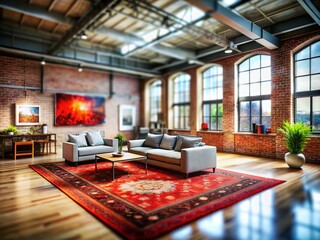 Fototapeta premium Tilt-Shift Industrial Loft Interior: White Framed Art, Red Black White Rug