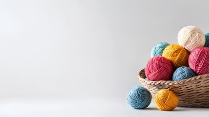 Brightly Colored Yarn Balls Spilling Out of a Woven Basket Creating a Vivid Display on a Soft Background