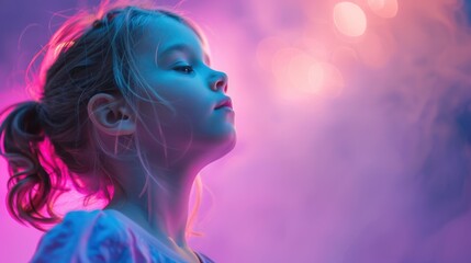 Captivating Portrait of a Young Girl in Dreamlike Atmosphere with Soft Lighting and Colorful Background Emphasizing Innocence and Wonder