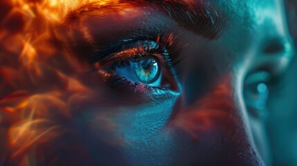 Naklejka premium Close-up of a Woman's Eye Surrounded by Colorful Flames and Light Reflection, Creating a Dramatic and Artistic Effect in a Fantasy Style