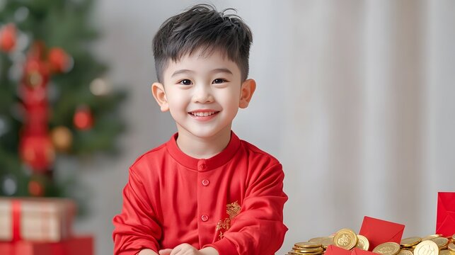 Joyful child celebrating lunar new year indoor setting festive imagery cozy environment portrait style happiness concept