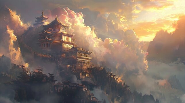 A serene mountaintop temple at sunrise