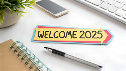 Welcome 2025 - sticker lying on office desk close-up