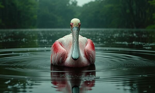 A roseate spoonbill wading in a serene wetland environment.