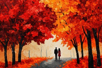 Romantic Couple Walking Through Colorful Autumn Forest Trail