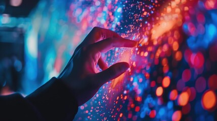 Futuristic Interaction with Digital Display: Human Hand Touching Glowing Data Stream with Vibrant Blue and Orange Light, Symbolizing Technology and Connectivity