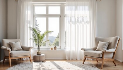 Chic living room with minimalist furniture and natural light featuring beige and gray tones