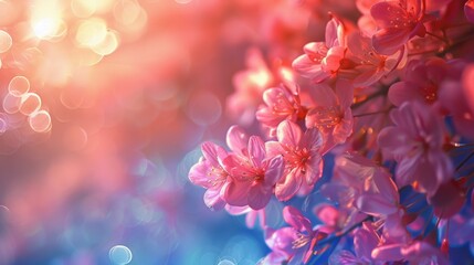 Fototapeta premium Soft and Dreamy Floral Background with Pink Cherry Blossoms Emanating Gentle Light and Colorful Bokeh Effects for Creative and Elegant Designs