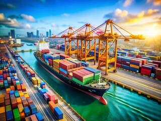 Naklejka premium Tilt-Shift Photo: Cargo Ship Container Loading at Busy Dock - Realistic Port Scene