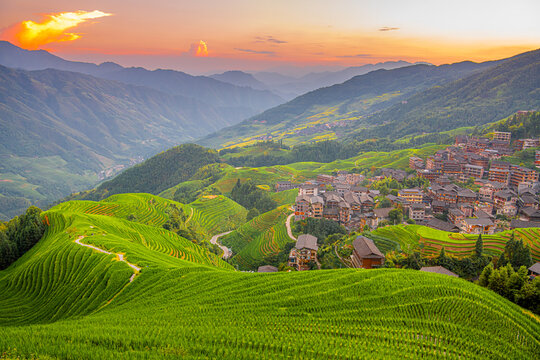The longji rice terrace viewed from the viewpoint 2 thousand layers to the heaven. Longsheng, China
