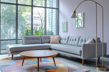Obraz premium Minimalist, mid century modern interior design in the living room with light purple finish walls and sofa and table. Generative AI 