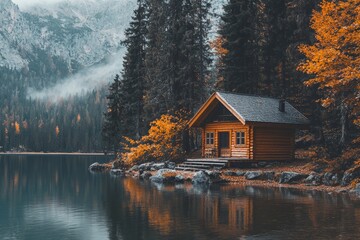 Fototapeta premium Secluded wooden cabin by tranquil lake in autumnal forest.