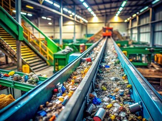 Tilt-Shift Photography: Recycling Plant Conveyor Belt with Waste Materials