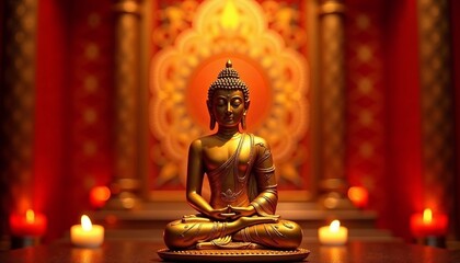 Obraz premium A golden Buddha statue in front of a red and gold patterned backdrop glowing softly, creating an atmosphere of peace and tranquility