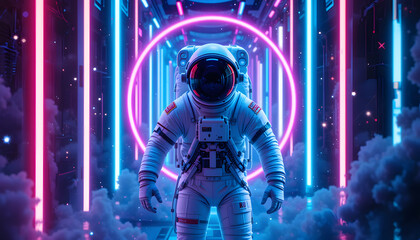Fototapeta premium Astronaut in Futuristic Neon Space Corridor with Vibrant Pink and Blue Lights