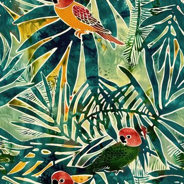 Bright seamless pattern with birds perched on tropical branches,blossoming flowers and lush green leaves.Colorful endless batik style pattern for fabric printing and other projects