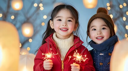 Children celebrating winter festivities with sparklers outdoor holiday scene joyful atmosphere warm lighting