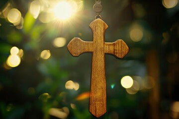 Palm Sunday Wooden Cross with Sunlit Bokeh Background